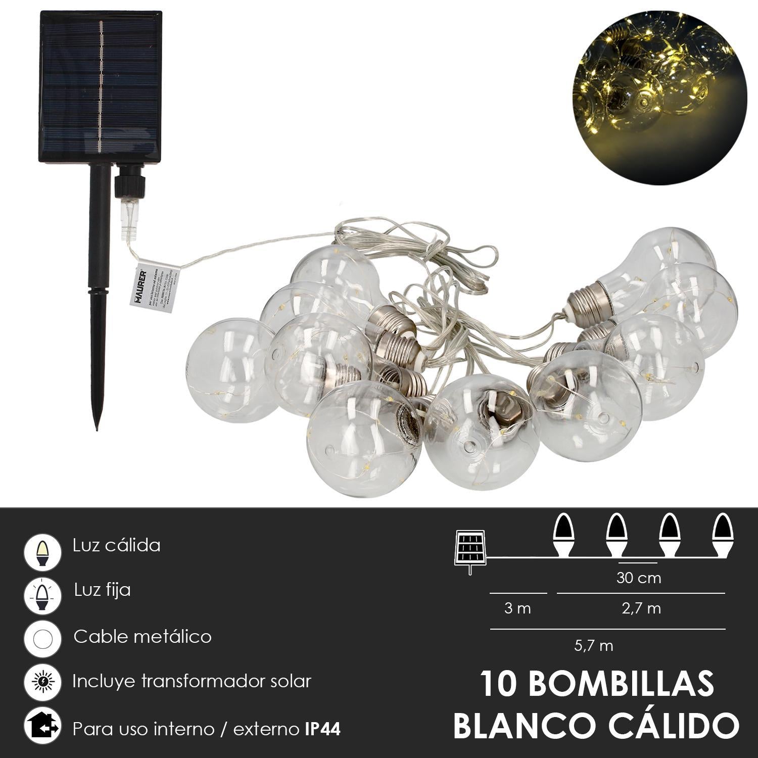 Guirnalda Solar 10 Bombillas / 50 Micro Leds Luz Calida. Bateria Recargable Uso En Exteriores / Interiores Ip44