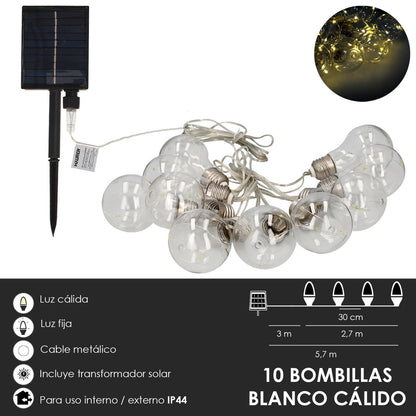 Guirnalda Solar 10 Bombillas / 50 Micro Leds Luz Calida. Bateria Recargable Uso En Exteriores / Interiores Ip44