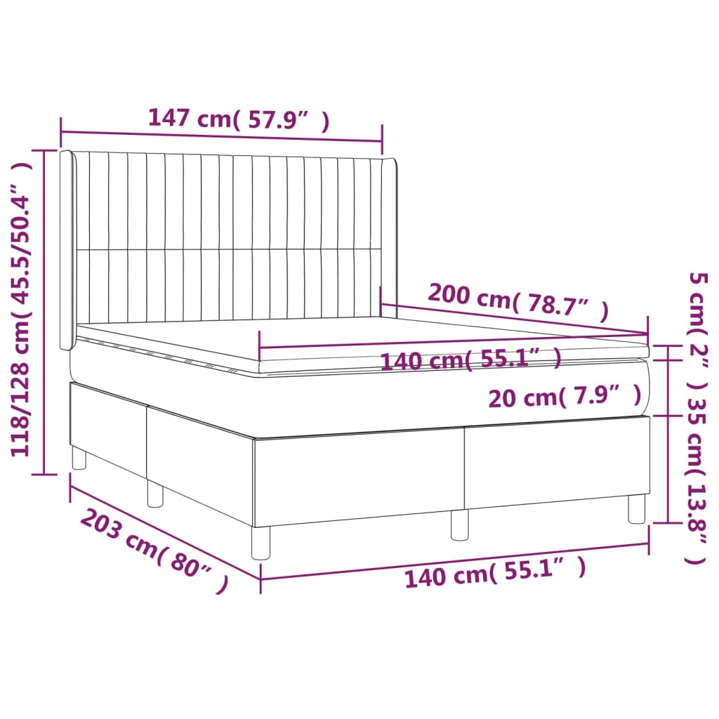 Cama Box Spring Colchón Y Luces Led Tela Gris Taupe 140x200 Cm / Vetonek_2