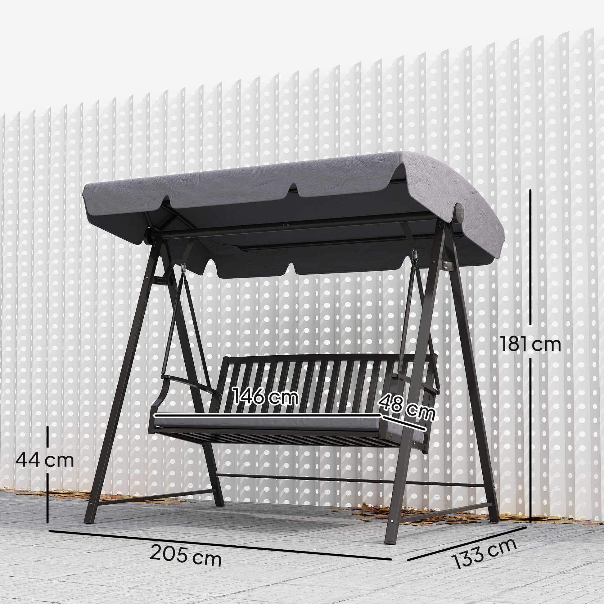 Outsunny Columpio De Jardín De 3 Plazas Con Toldo Ajustable Y Cojín Gris_2