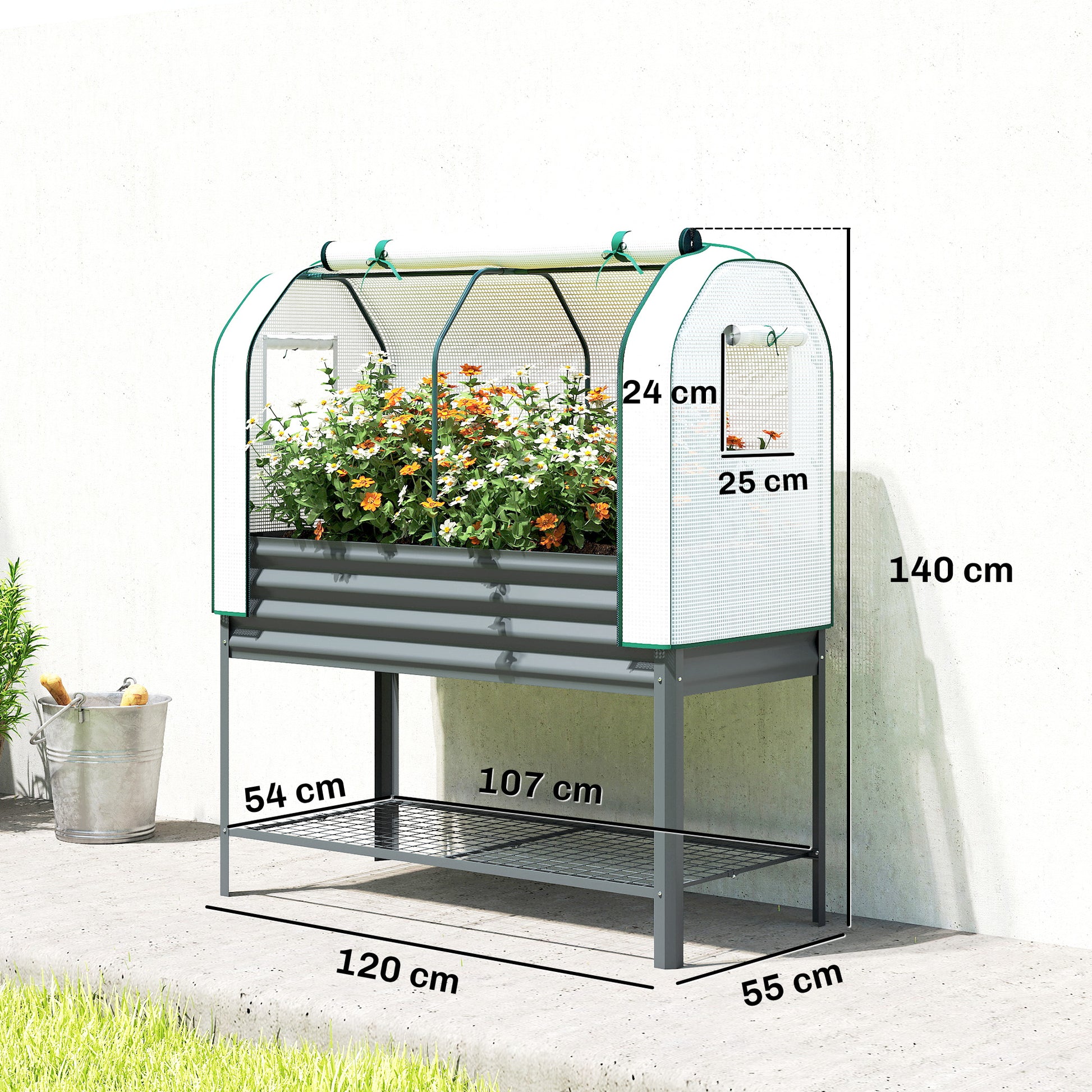 Outsunny Huerto Urbano Elevado Con Estante Y Cubierta 120x55x140 Cm Gris Oscuro_2