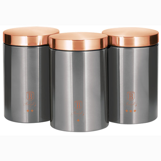 Set 3 Botes Cocina Almacenaje Acero Inoxidable, Diseño Moderno, Ø11x17,8cm Especias, Té ,café Berlinger Haus Moonlight, Gris