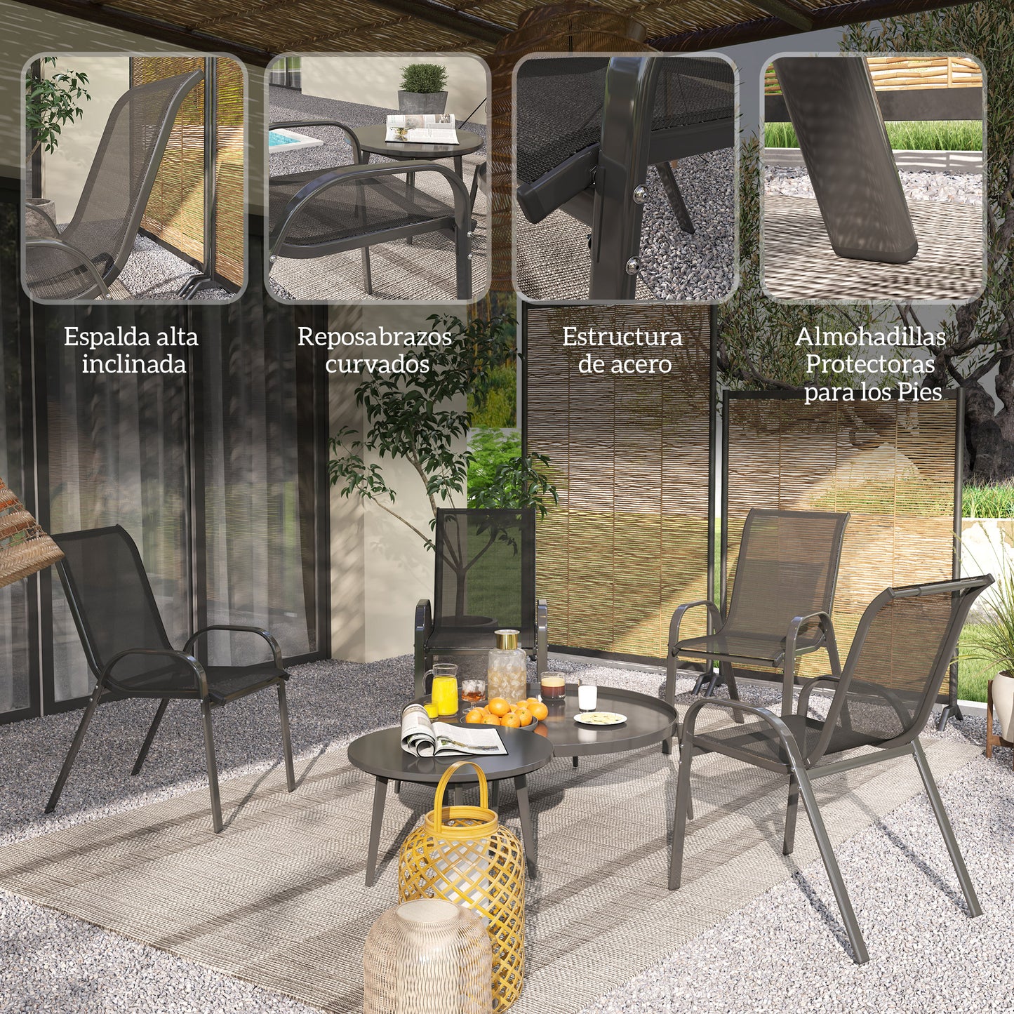 Outsunny Juego De 4 Sillas De Jardín Exterior Apilables 54x71x93 Cm Negro_5