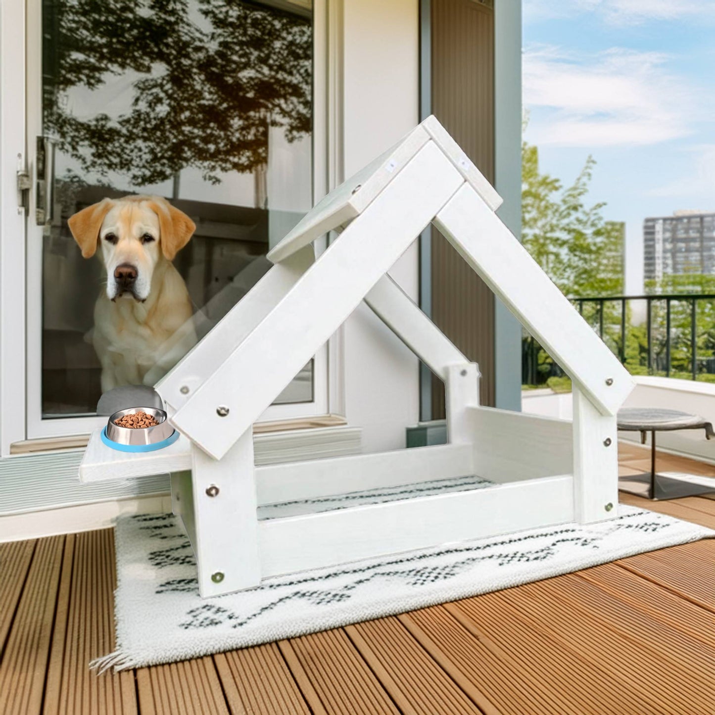 Well Home Caseta Para Perros De Interior, Estructura De Madera Con Soporte Para Cuencos Color Blanco