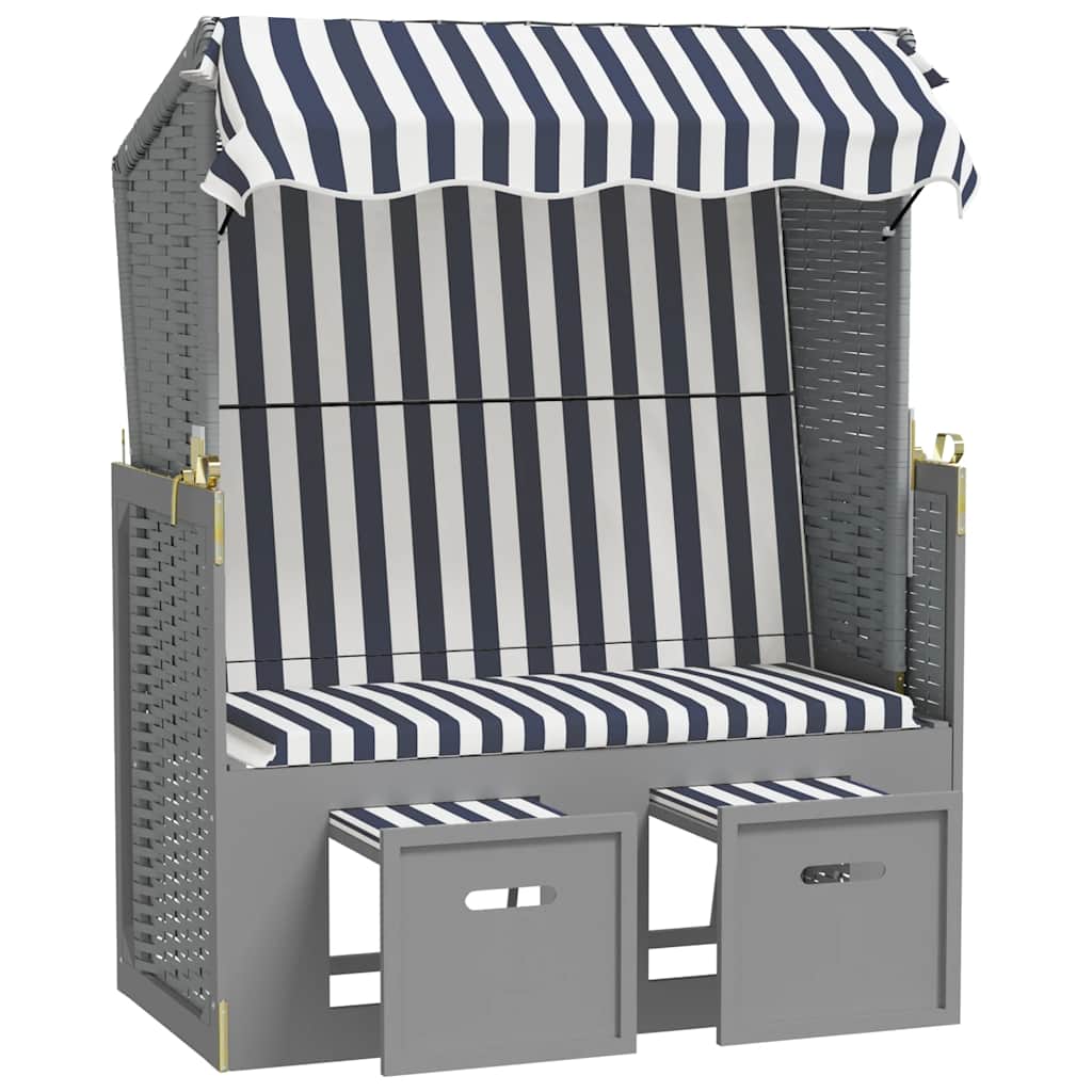 Silla Playa Strandkorb Con Dosel Ratán Pe Y Madera Azul Blanco_0