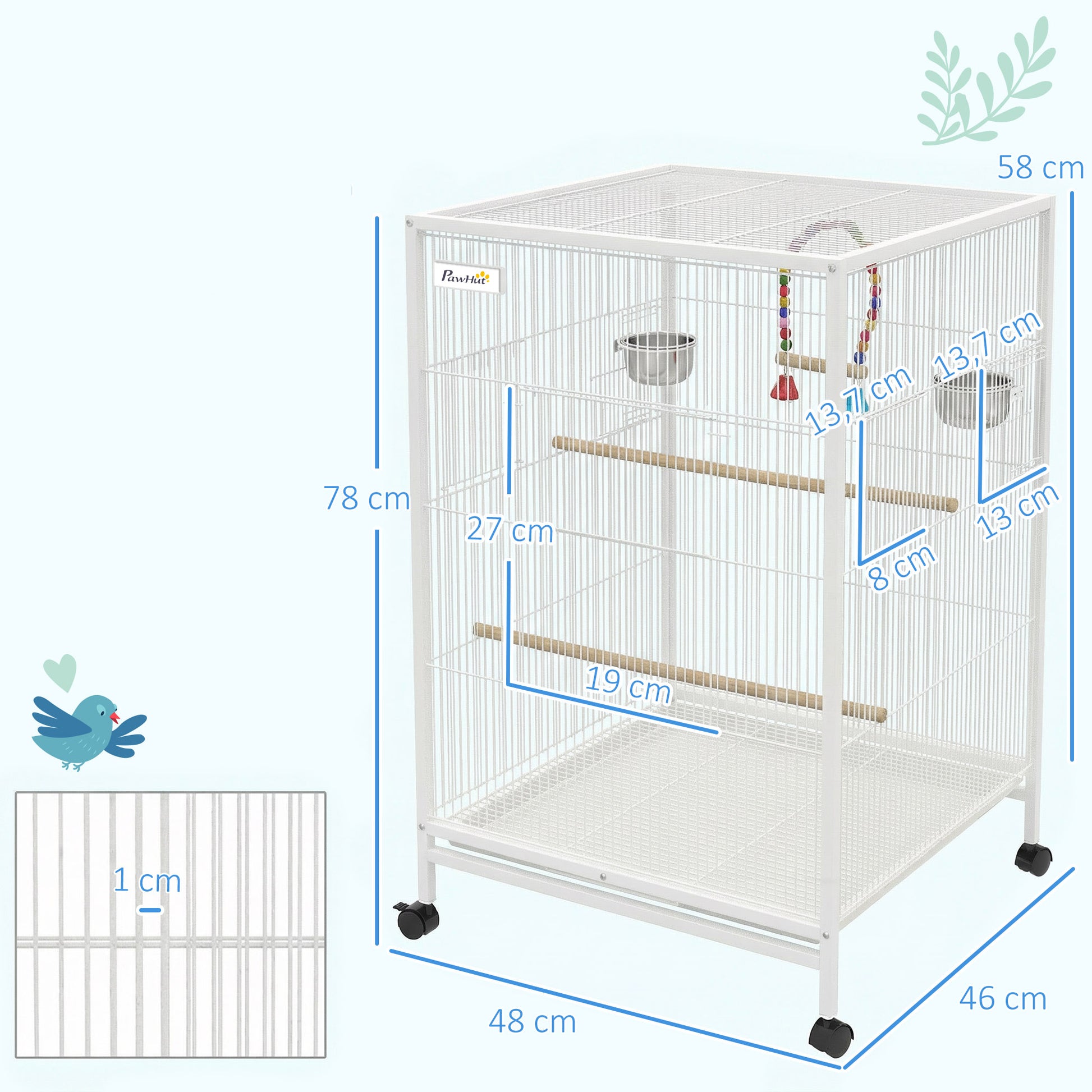 Pawhut Jaula Para Pájaros Con Ruedas Comederos Perchas 48x46x78 Cm Blanco_2