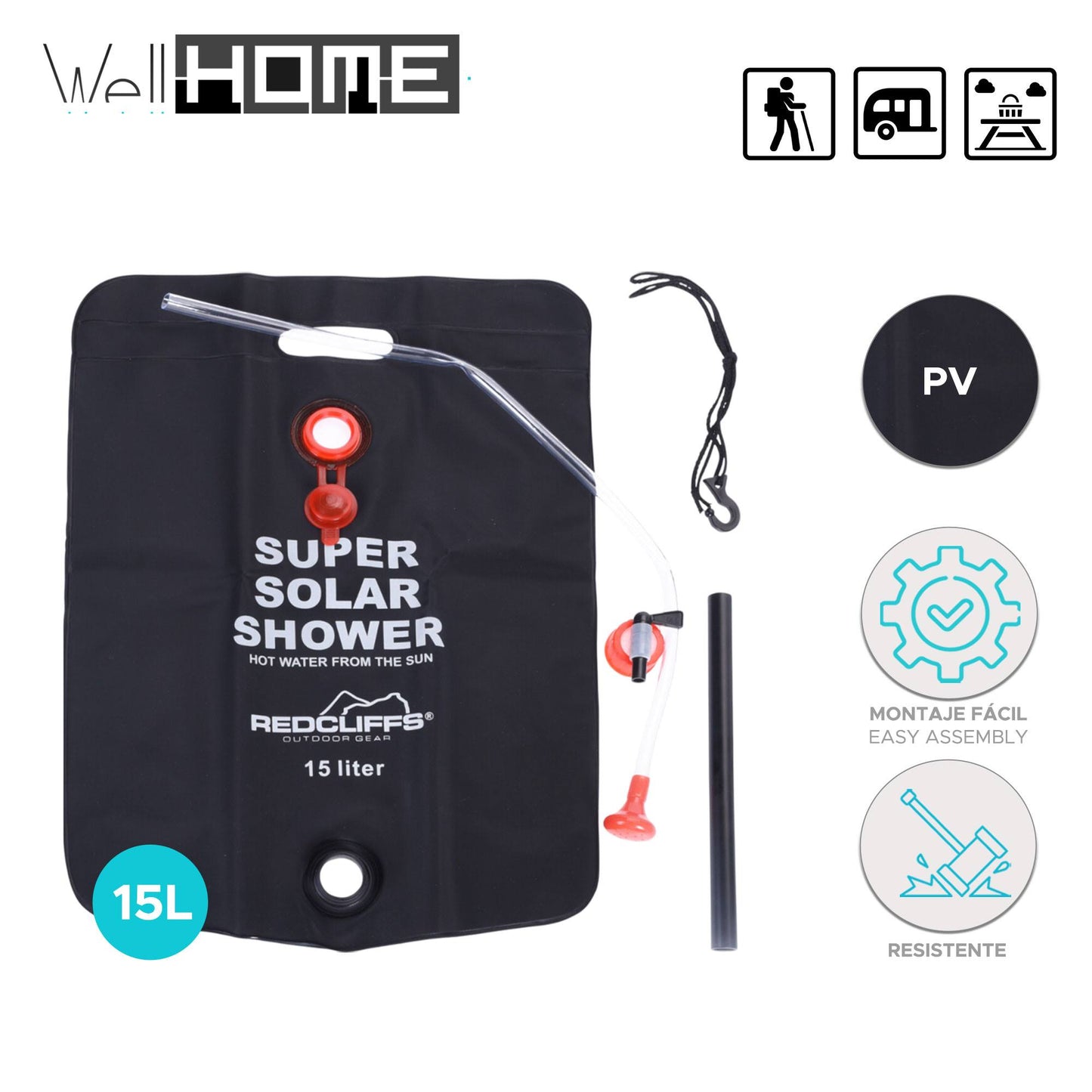 Well Home Bolsa De Ducha De Camping Con Rociador De 15 Litros En Color Negro_1