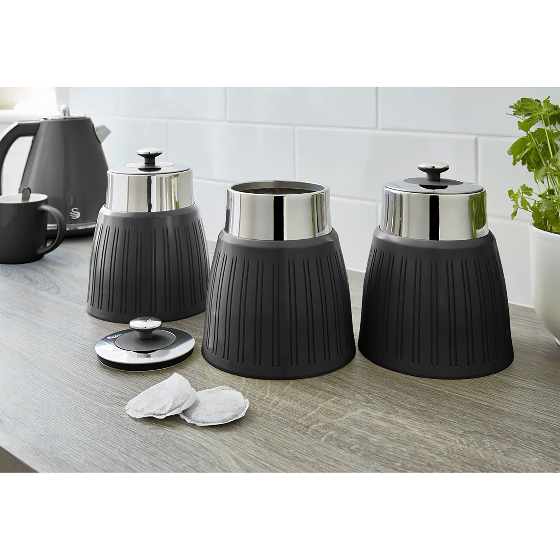 Set 3 Botes Cocina Almacenaje 1,2 L, Plástico Y Acero Inox, Especias, Té ,café, Retro, Vintage Swan Swka1024bn, Negro_1