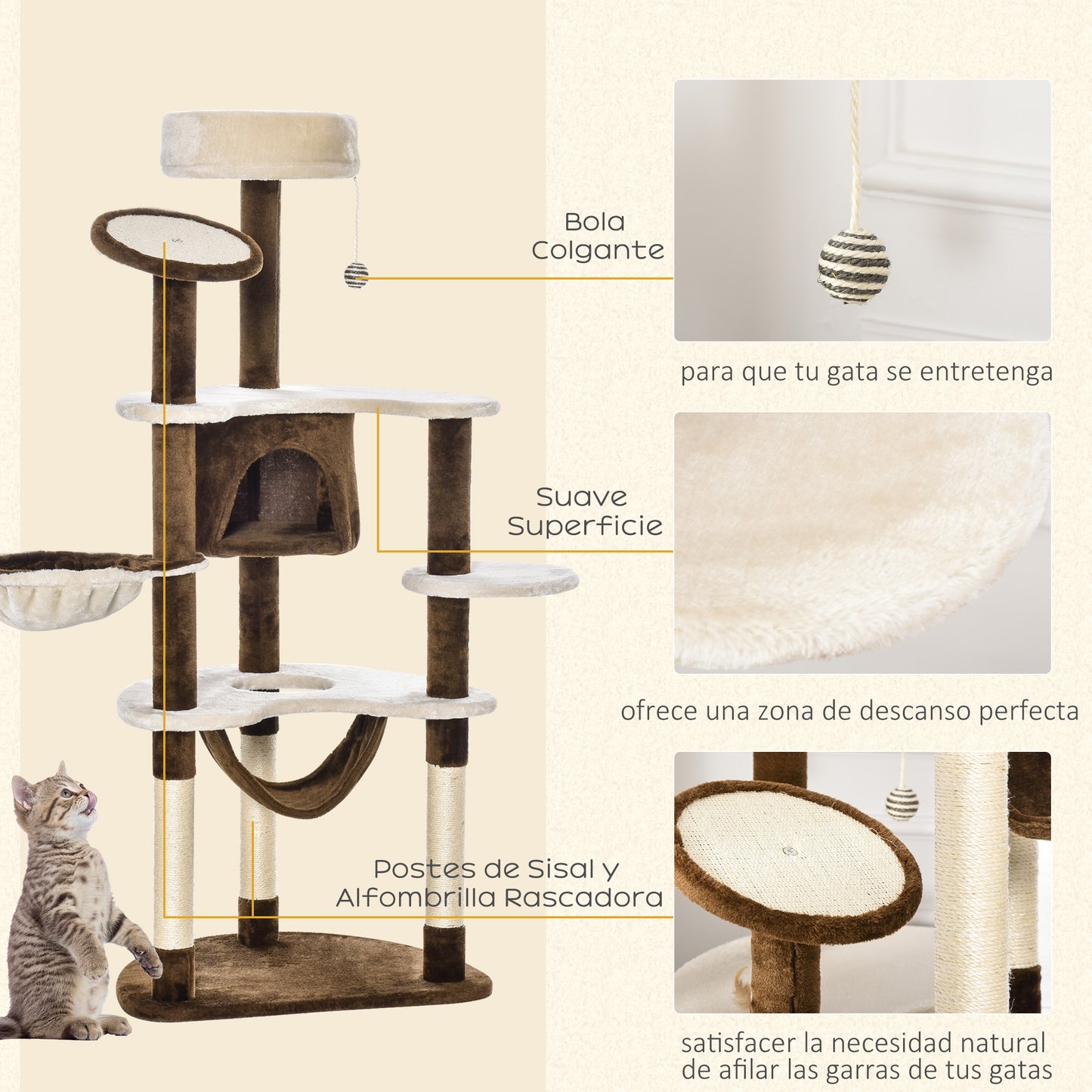 Pawhut Árbol Rascador Para Gatos Grande 65x50x153 Cm Con Hamaca Marrón_4