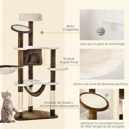 Pawhut Árbol Rascador Para Gatos Grande 65x50x153 Cm Con Hamaca Marrón_4