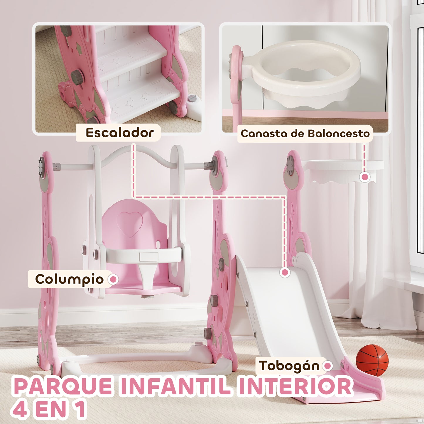 Aiyaplay Tobogán Infantil 4 En 1 Con Columpio Y Tobogán Para Interior Rosa_3