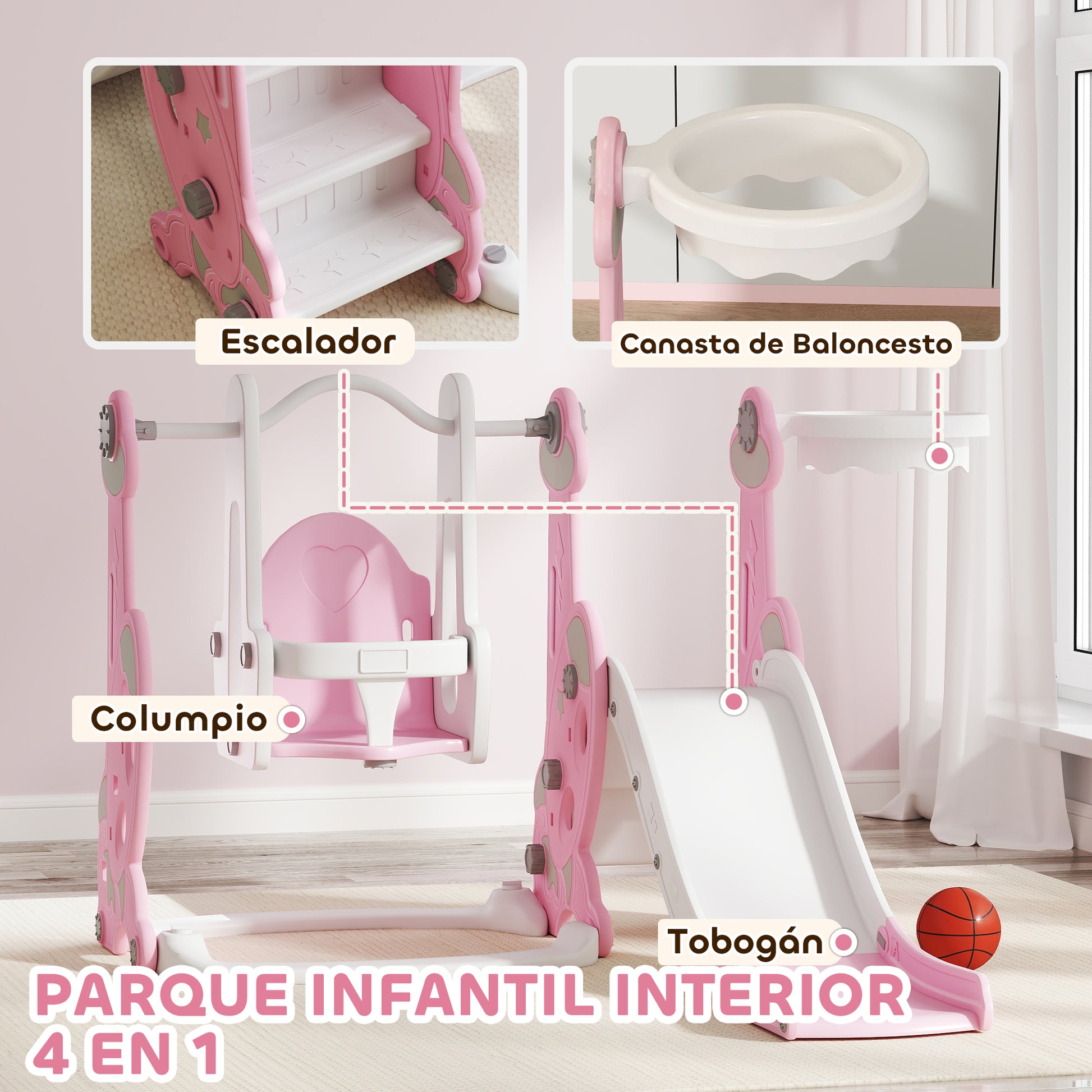 Aiyaplay Tobogán Infantil 4 En 1 Con Columpio Y Tobogán Para Interior Rosa_3