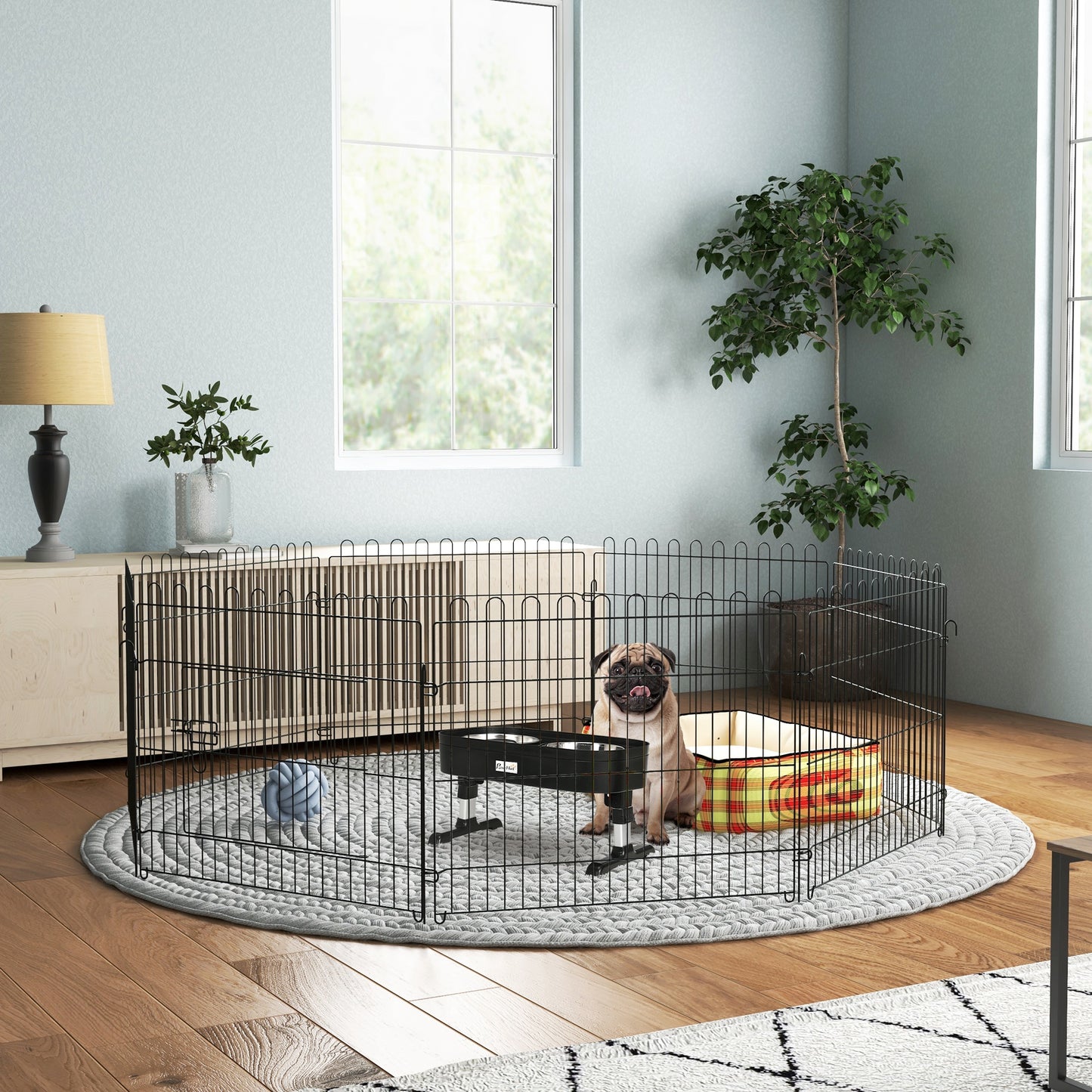 Pawhut Conjunto De Parque Y Comedero Para Perros 71x61 Cm 43x25x30 Cm Negro_1