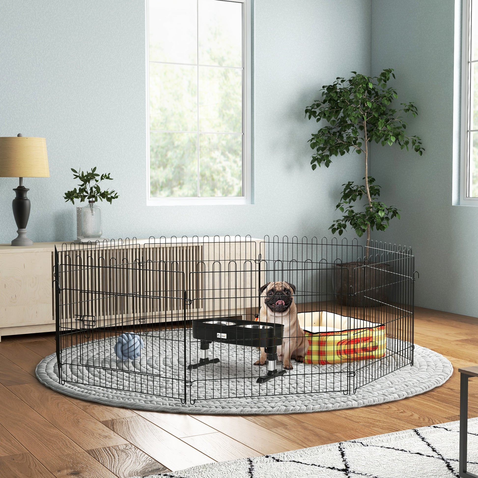 Pawhut Conjunto De Parque Y Comedero Para Perros 71x61 Cm 43x25x30 Cm Negro_1