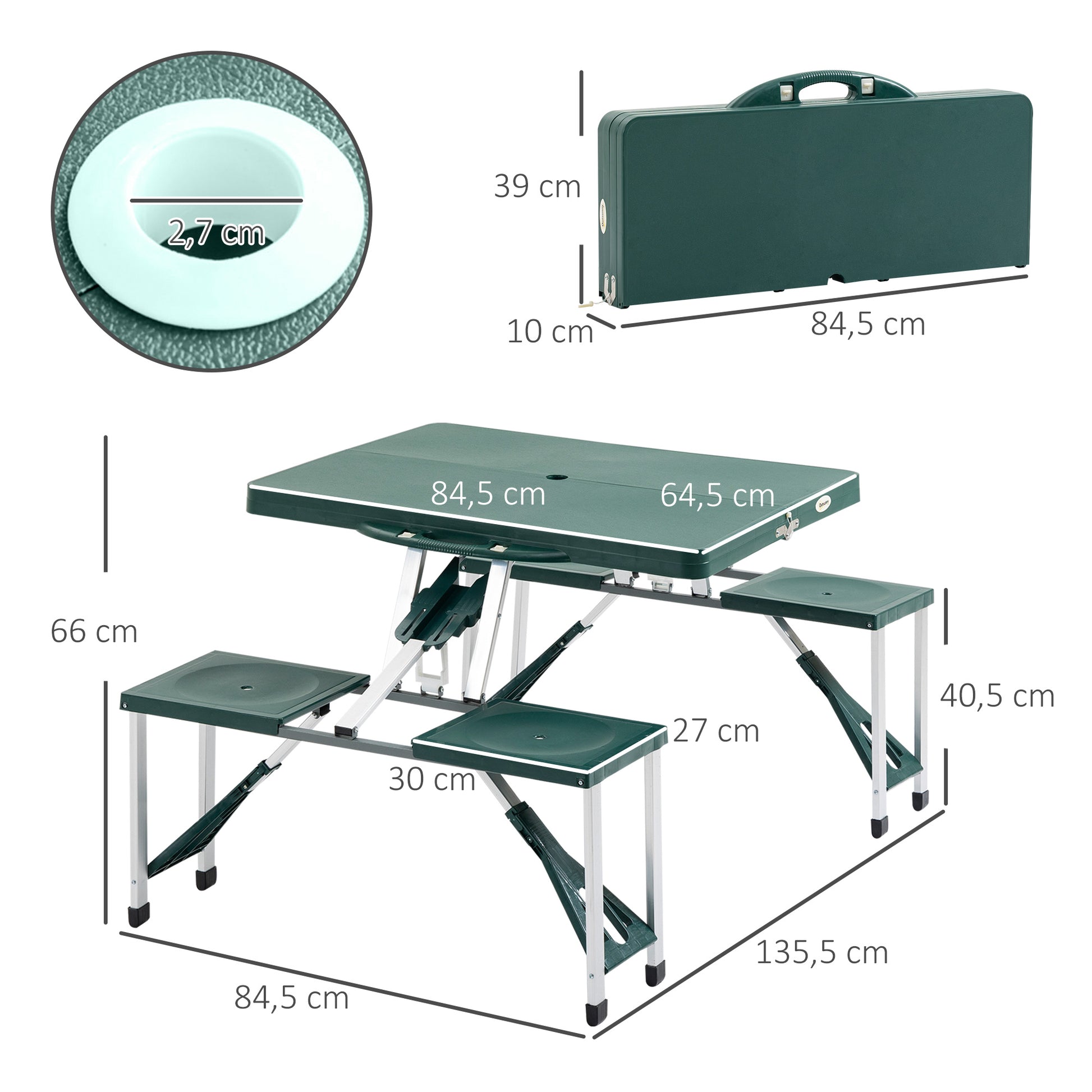 Outsunny Mesa Plegable De Camping Con 4 Asientos Agujero Para Sombrilla Picnic_2