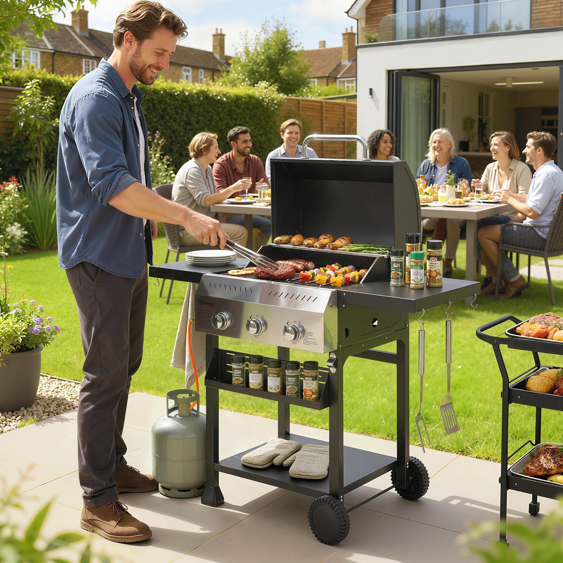 Outsunny Barbacoa De Gas Con 3 Quemadores 9 Kw Termómetro Mesas Laterales Negro_1