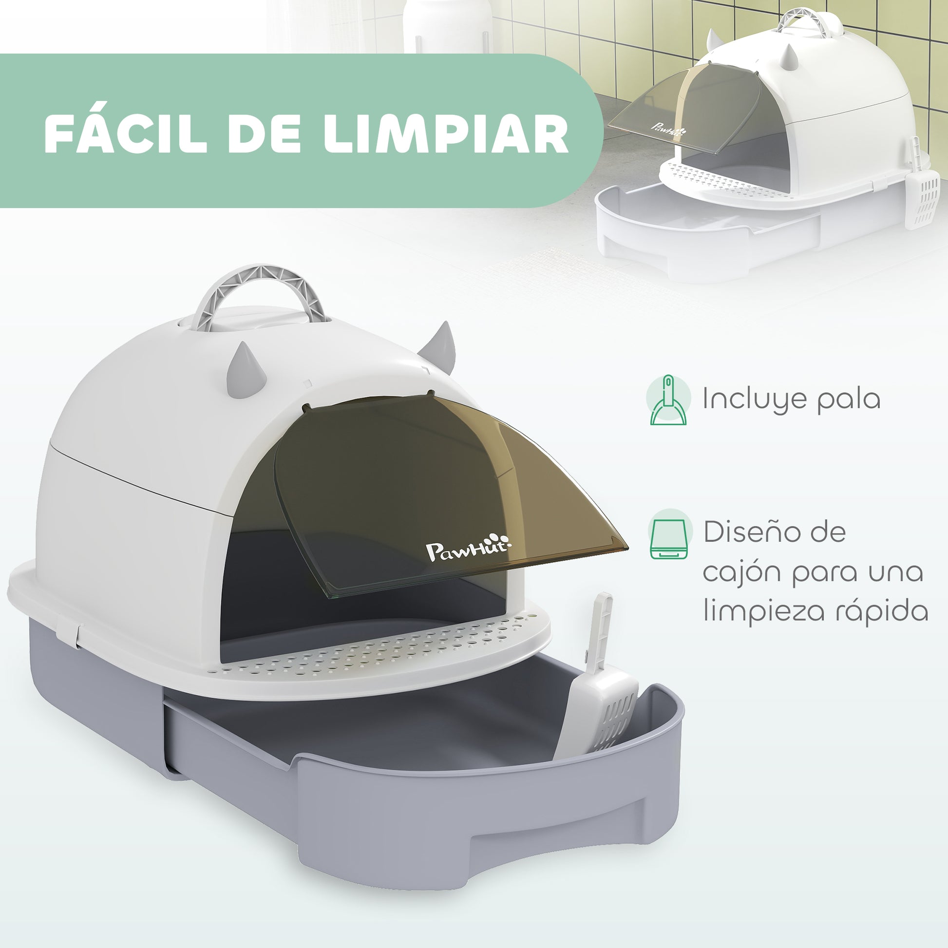 Pawhut Arenero Para Gatos Cubierto Con Bandeja Pala Y Asa Superior Blanco Y Gris_4