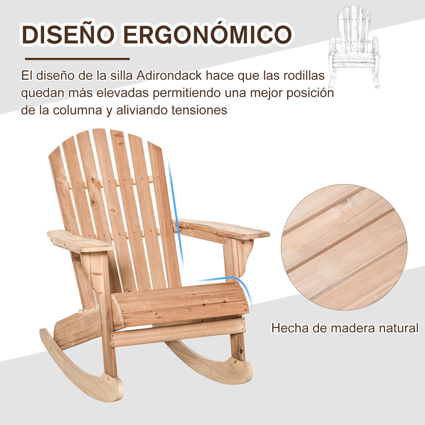 Outsunny Silla De Jardín Mecedora Adirondack De Madera Natural 77x94x97cm Color_4