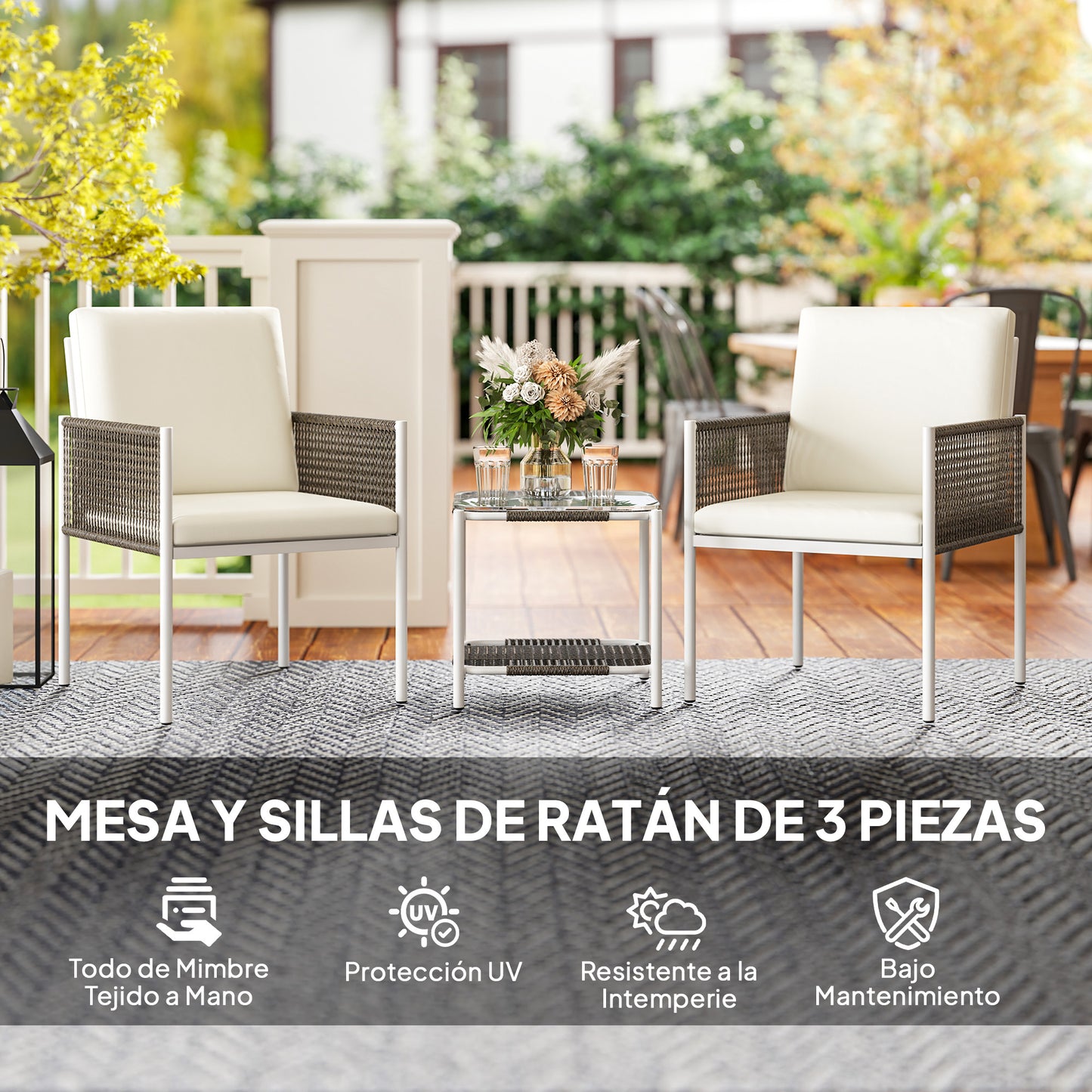 Outsunny Conjunto De Muebles De Ratán 1 Mesa Y 2 Sillas Con Cojines Marrón_3