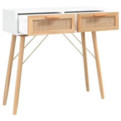 Mesa Consola Madera Pino Maciza Blanco Ratán Natural 80x30x75cm_1