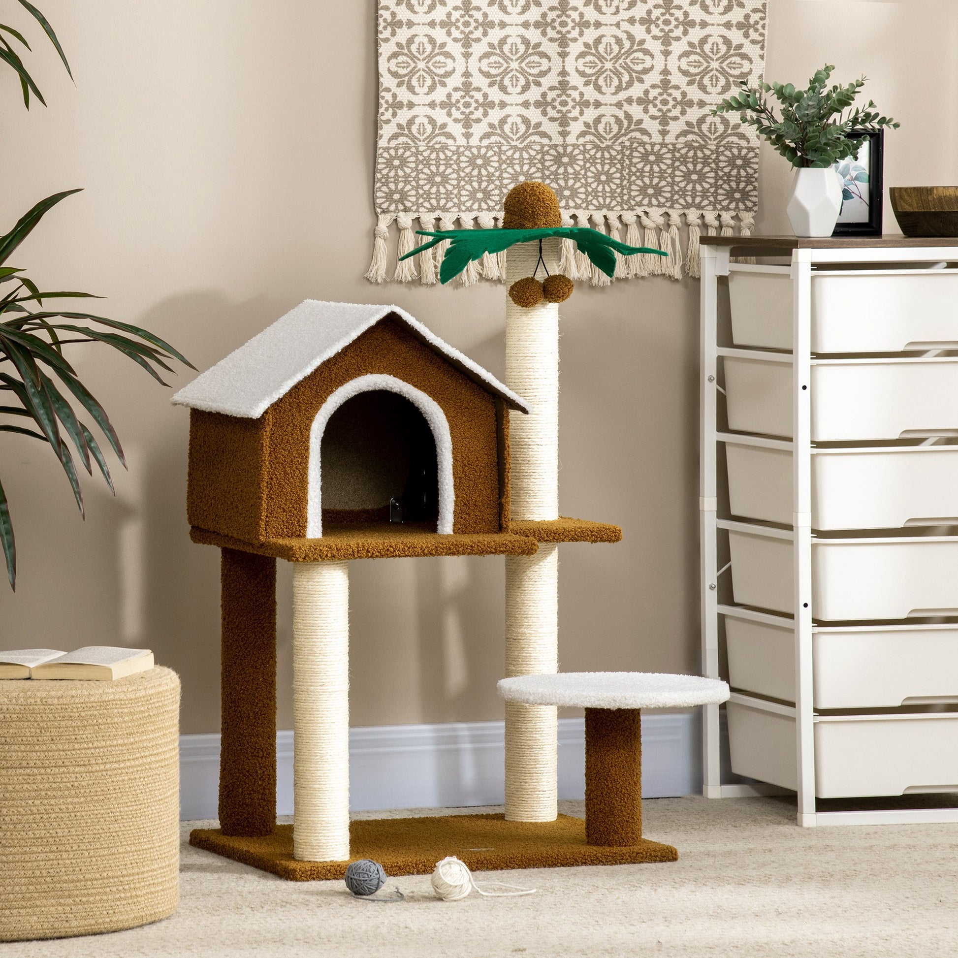 Pawhut Árbol Rascador Para Gatos 89 Cm Con Caseta Poste Forma De Coco De Sisal_3
