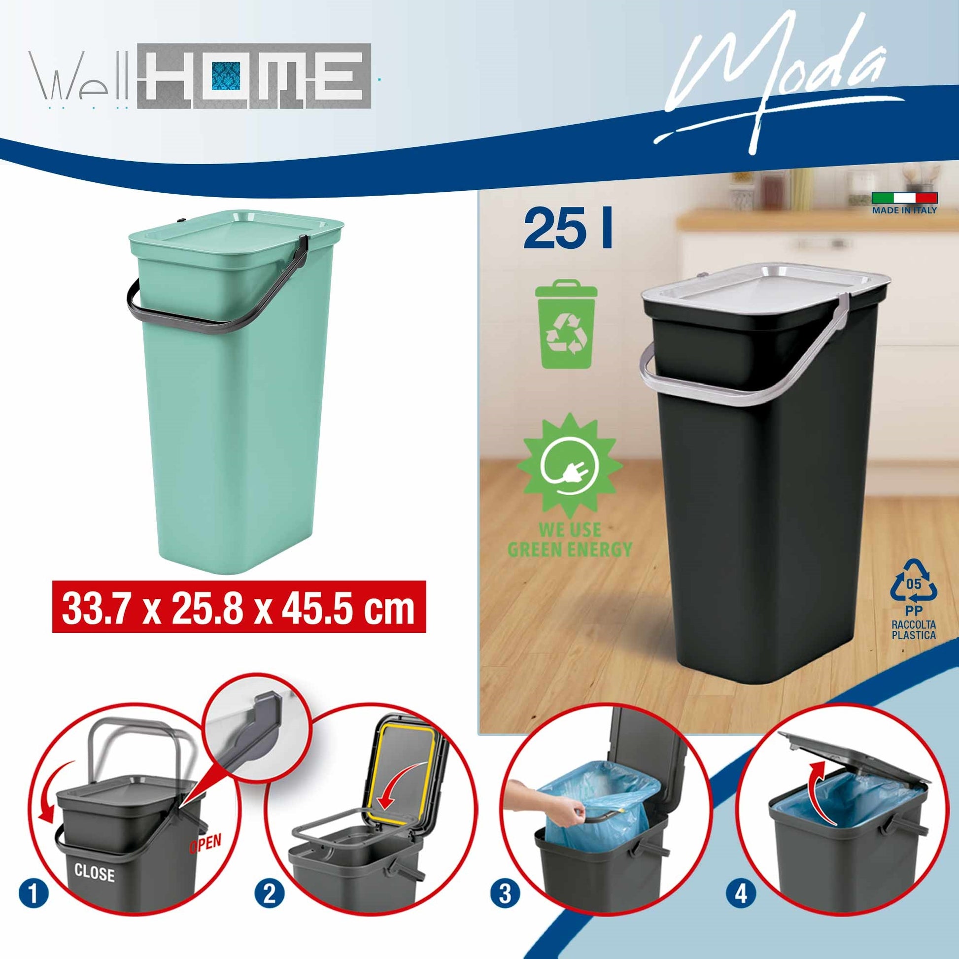 Set De 3 Papeleras moda Con Asa Grafito, Salvia Y Blanco De 25l_1