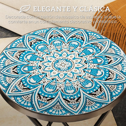 Outsunny Mesa Auxiliar Redonda Plegable Con Encimera De Mosaico Azul_3
