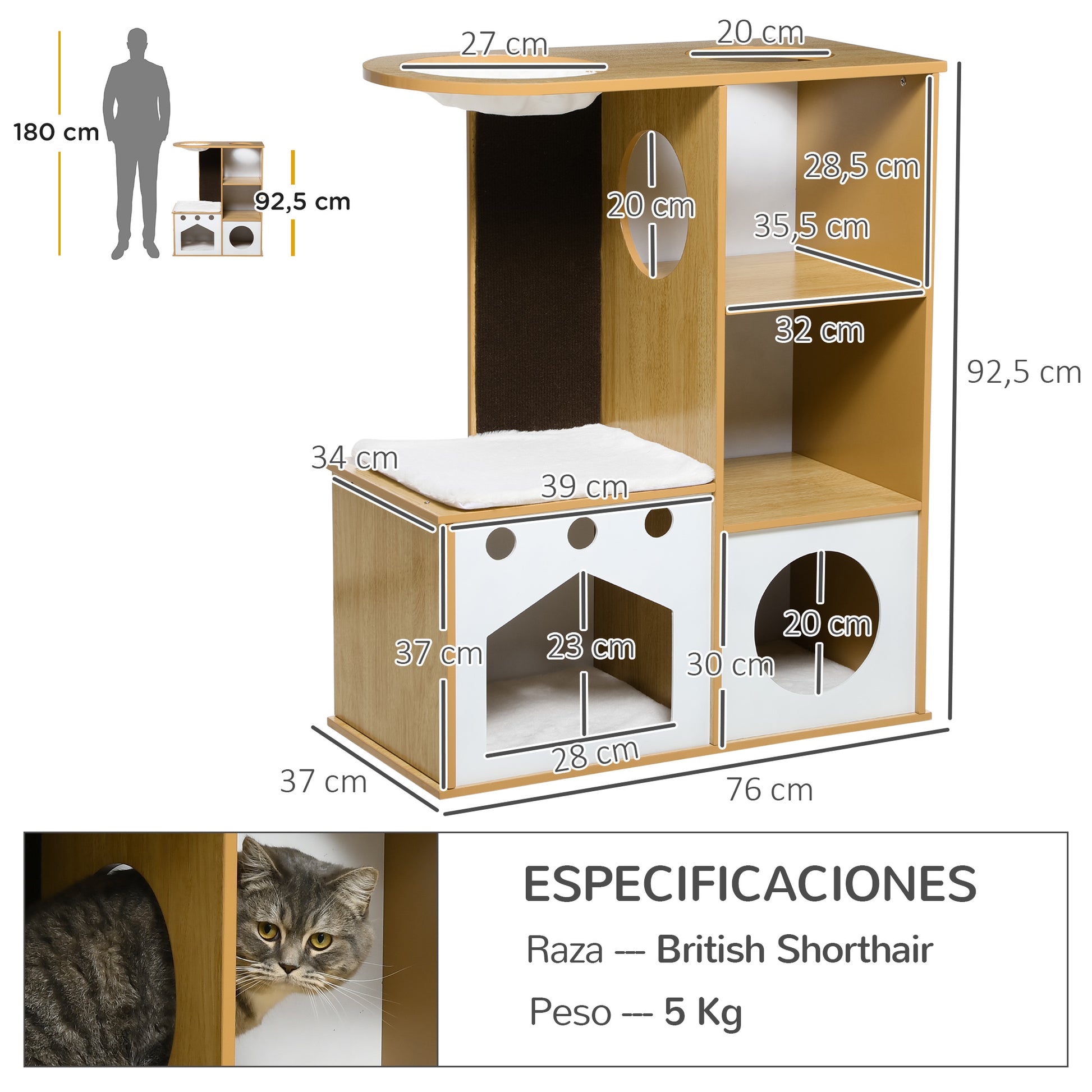 Pawhut Árbol Rascador Para Gatos De Madera 92,5 Cm Con 2 Cuevas Hamaca Y Cojines_2