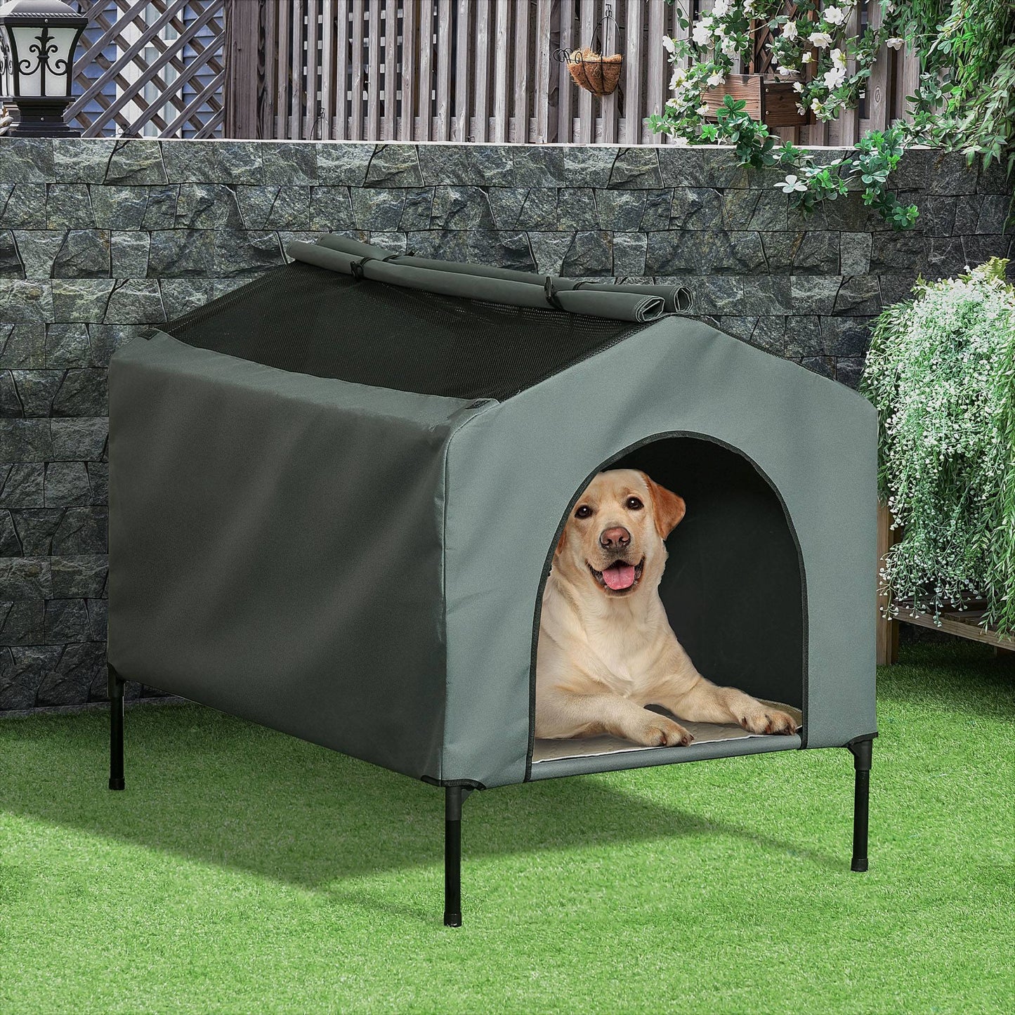 Pawhut Caseta Para Perros Grandes Con Cubierta Exterior 110x75x87 Cm Gris_1