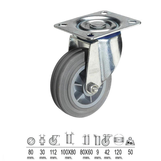 Rueda Industrial Goma Gris Placa  80mm_0