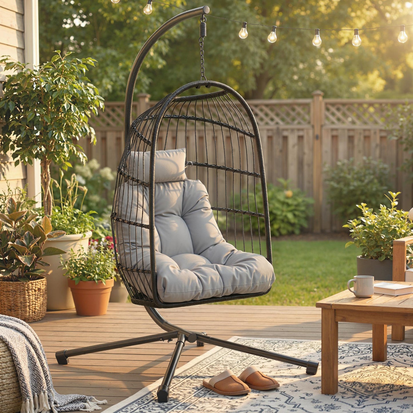 Outsunny Silla Colgante Huevo Con Soporte Cesta Plegable Cojín Altura Ajustable_1