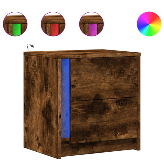 Mesita De Noche Con Luces Led Madera Ingeniería Roble Ahumado_0