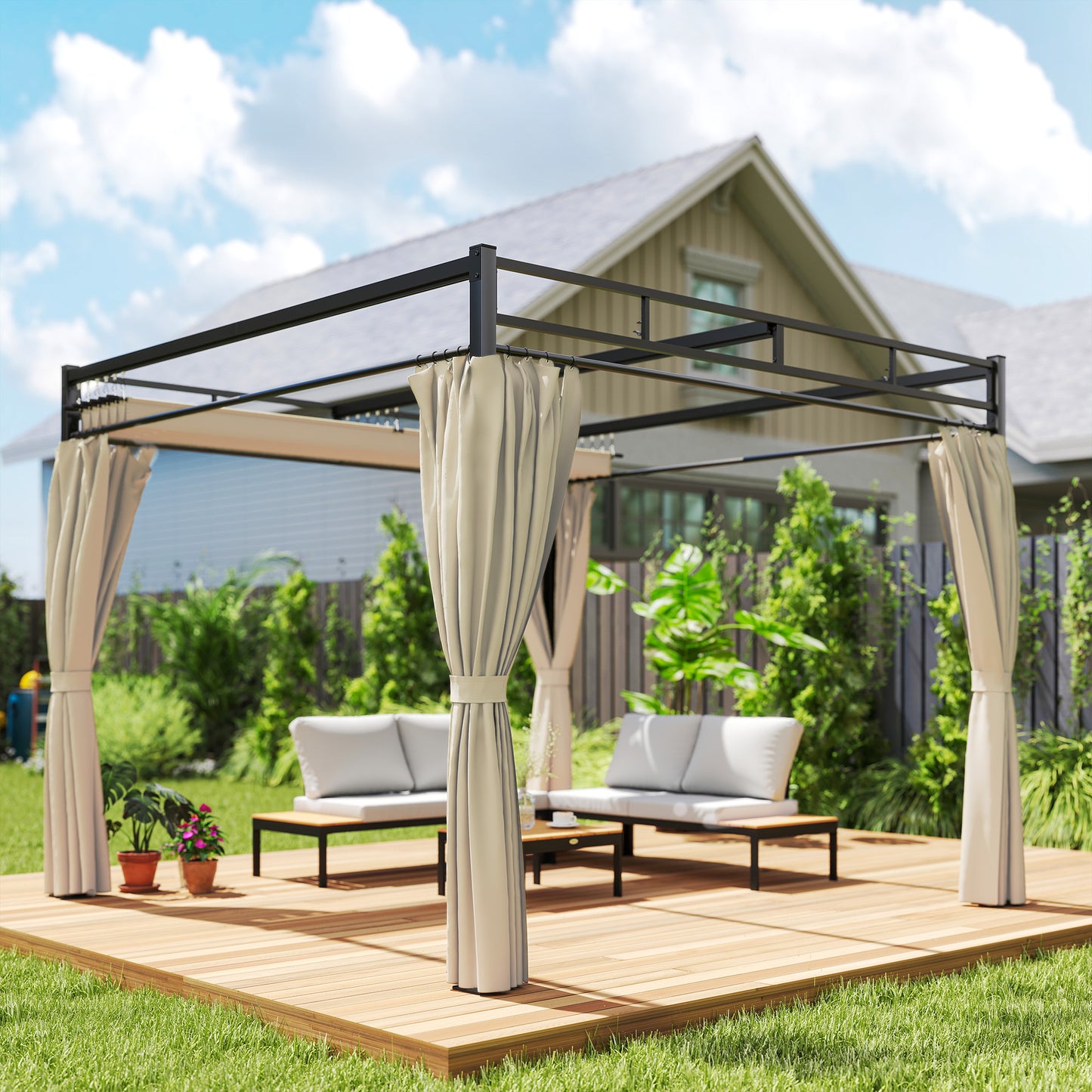 Outsunny Pérgola De Jardín 3x3 M Con Techo Retráctil Y Cortinas Anti-uv Beige_3