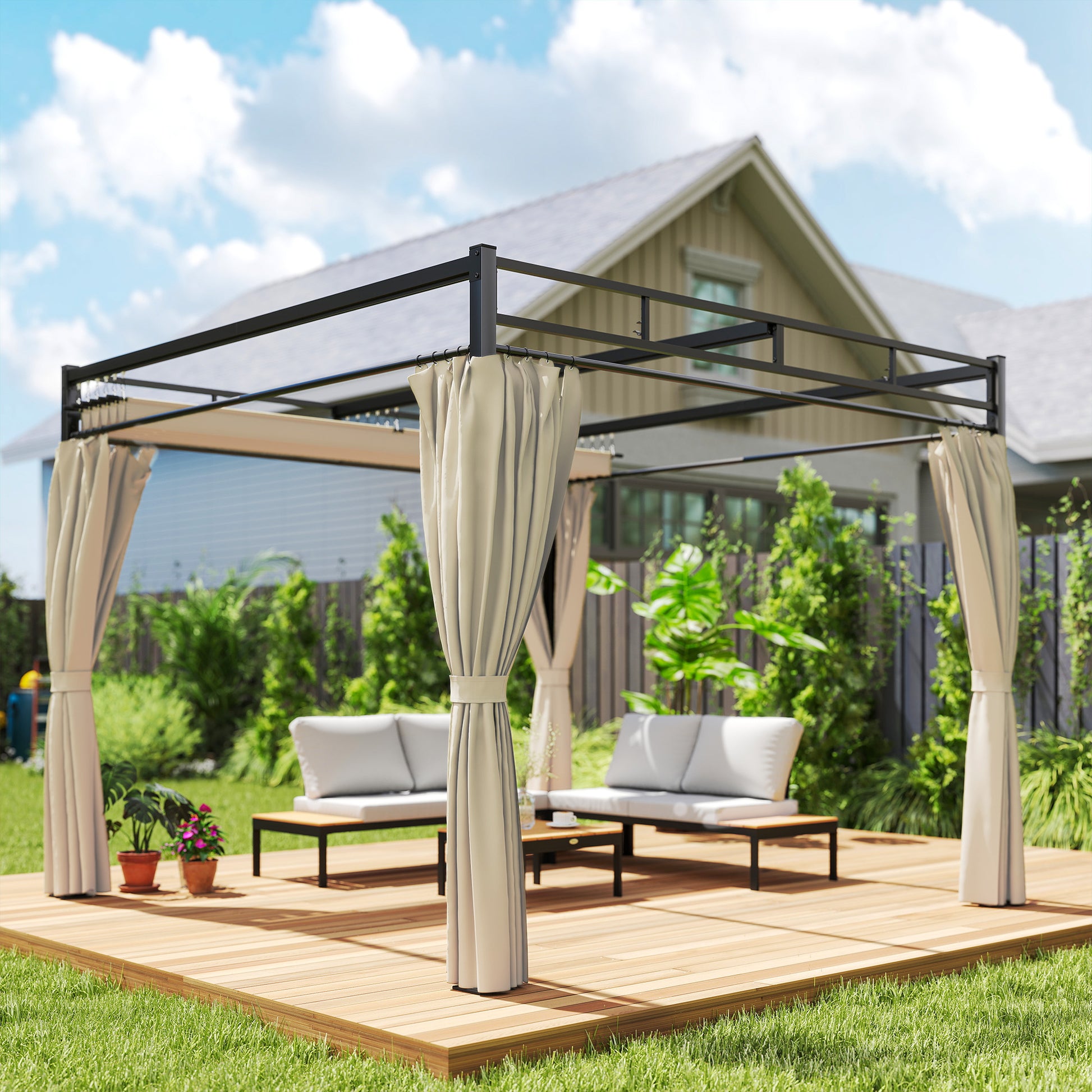 Outsunny Pérgola De Jardín 3x3 M Con Techo Retráctil Y Cortinas Anti-uv Beige_3