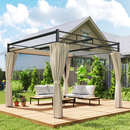 Outsunny Pérgola De Jardín 3x3 M Con Techo Retráctil Y Cortinas Anti-uv Beige_3