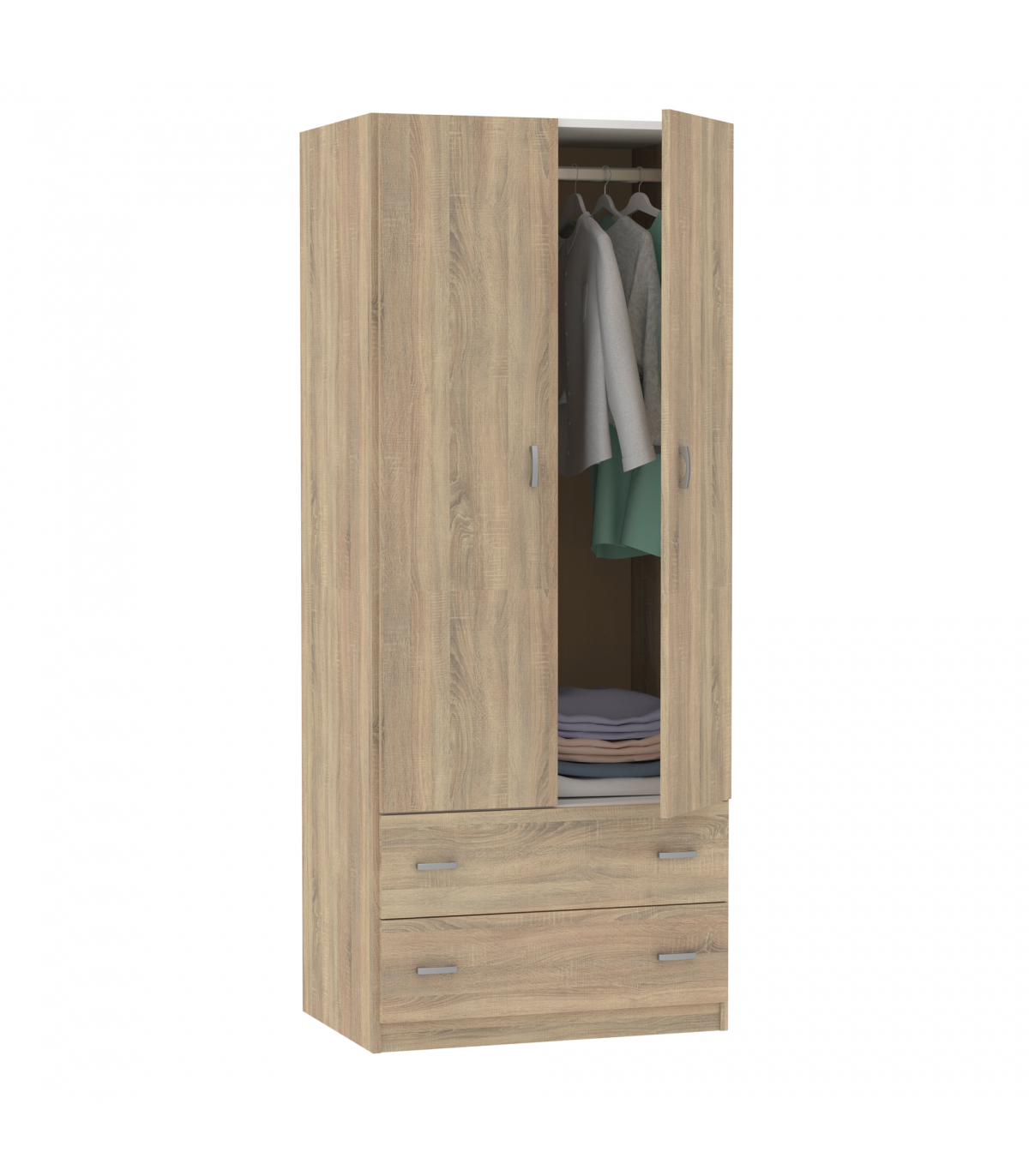 Armario Ropero 2 Puertas Abatibles Y 2 Cajones Turin Acabado Roble, 180 Cm(alto)74 Cm(anch_2