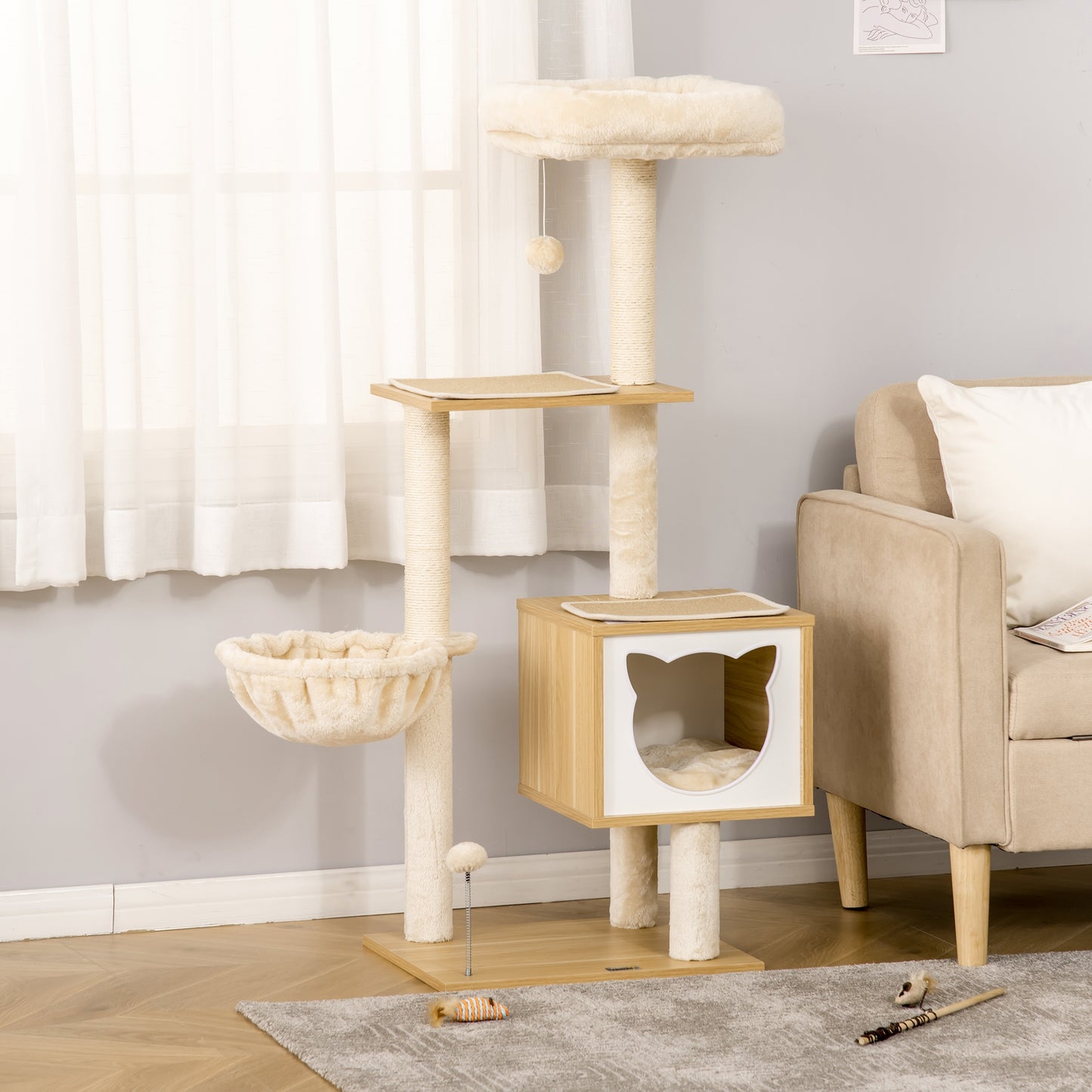 Pawhut Árbol Rascador Para Gatos Con Plataforma Altura 126 Cm Hamaca Caseta_1