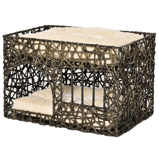 Pawhut Cesta De Ratán Para Gatos De 2 Alturas Con 2 Cojines Suaves Y Ventana_0