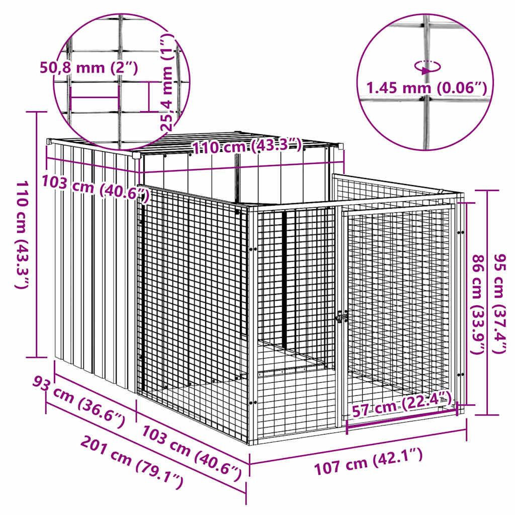 Vidaxl Caseta Para Perro Con Corral Gris Claro 110x201x110 Cm Acero Galvanizado_2