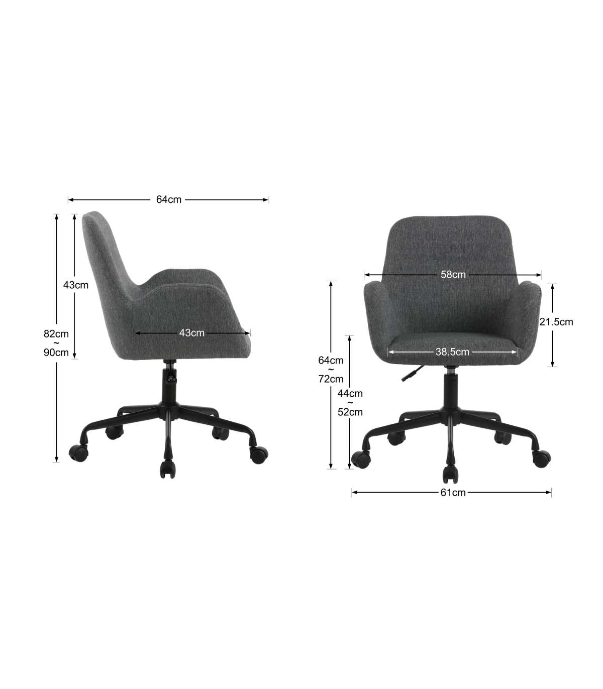 Silla Despacho Giratoria Elevable Acabado Gris Oscuro, 61m(ancho) 82/90cm(altura) 64cm(fon_4