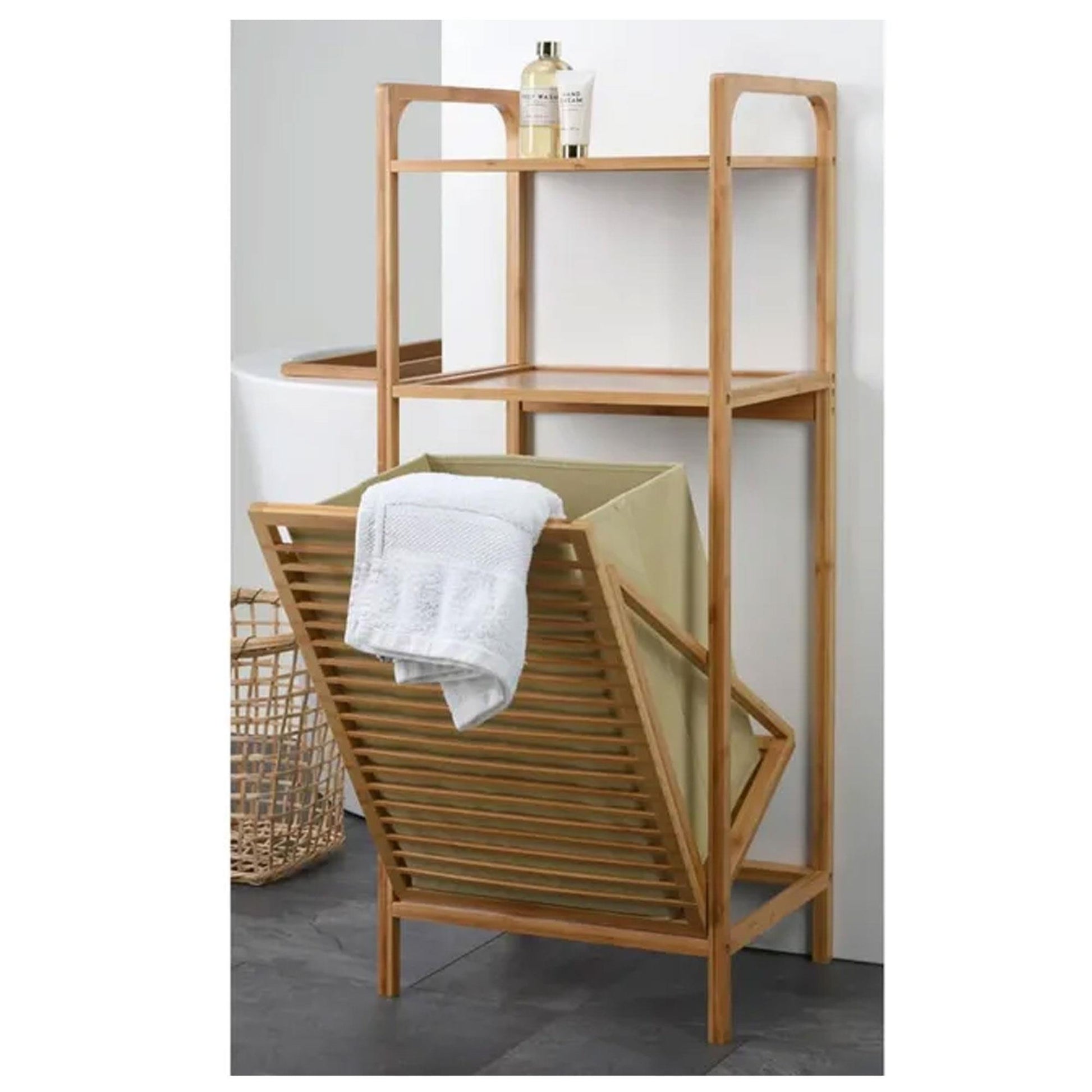 Well Home Estantería De Baño En Bambú Con 2 Estantes Y Bolsa De Lavandería 40x30x95cm_2
