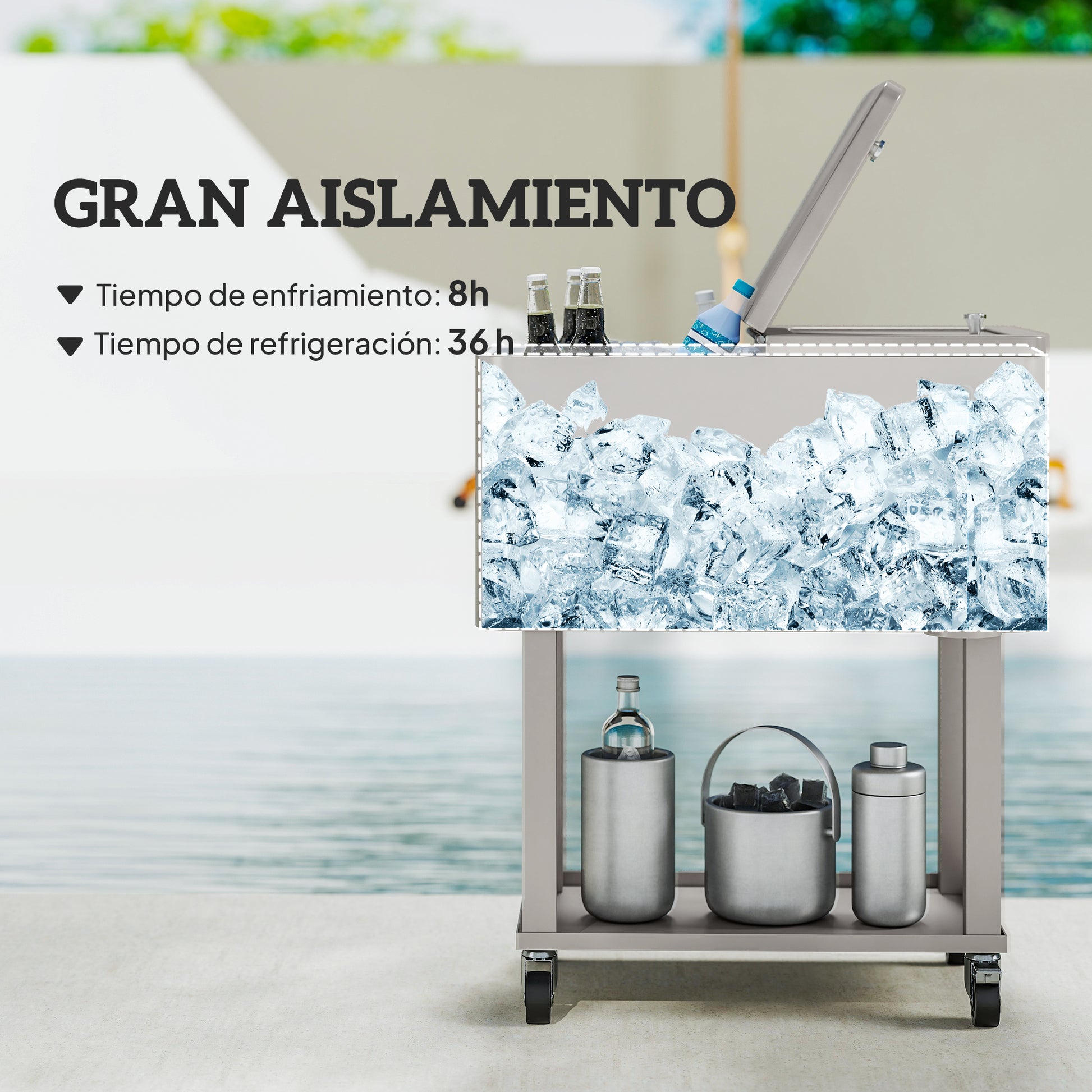 Outsunny Carro De Bebidas Refrigerado 56l Con Ruedas 67x35x80 Cm Gris Claro_3