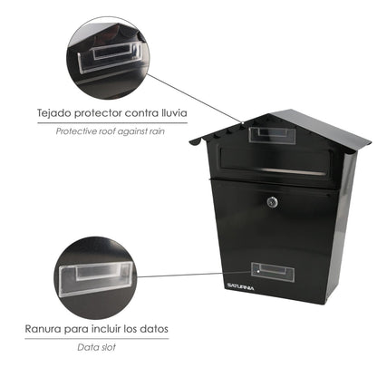 Buzon Exteriores House Negro 330 X 125 X 365 (alt.) Mm. Con Tejado, Acero Pintado. Buzon Pared, Buzon Cartas, Buzon Correos