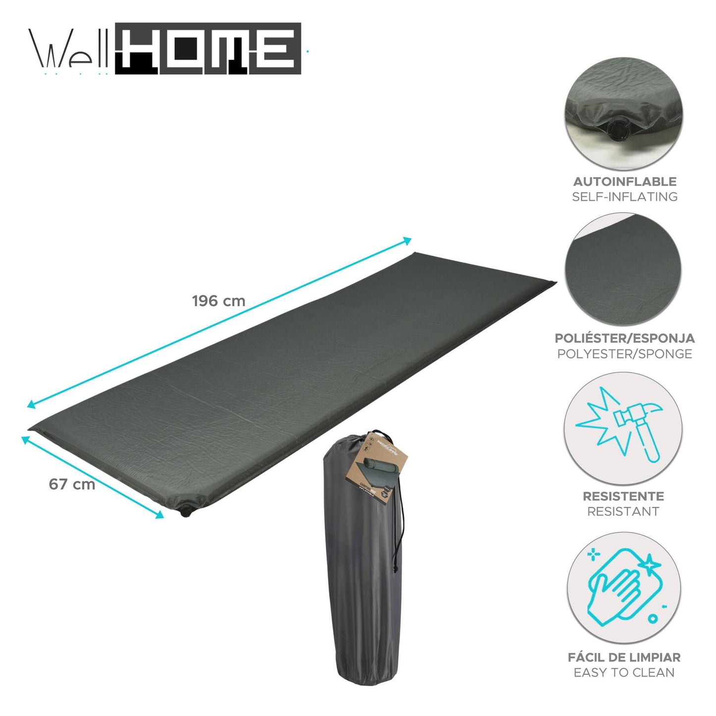 Well Home Colchoneta Autoinflable En Poliéster Y Esponja 196x67x5cm Color Marrón_1