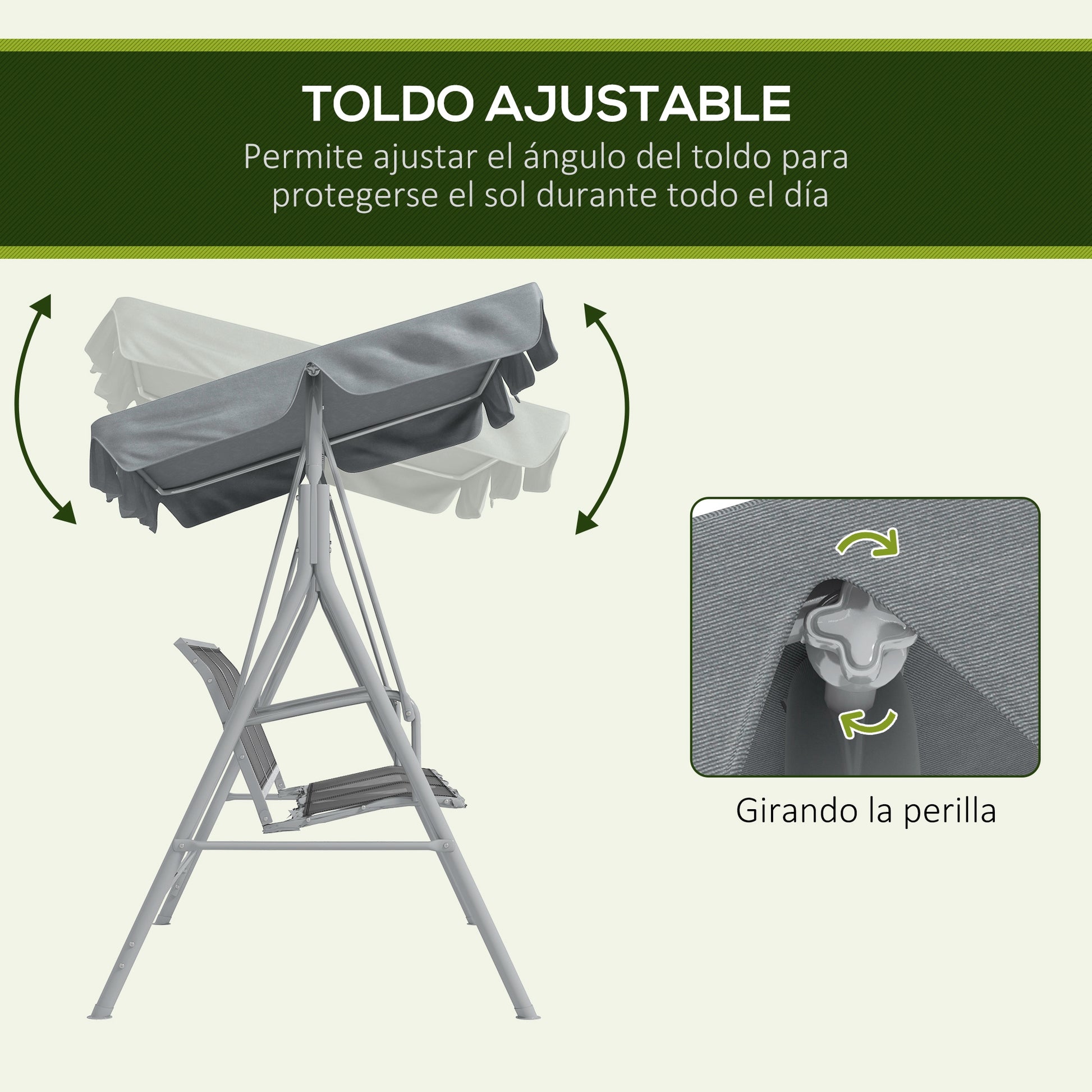 Outsunny Columpio Balancín Jardín De 3 Plazas Con Toldo Ajustable Terraza Gris_3