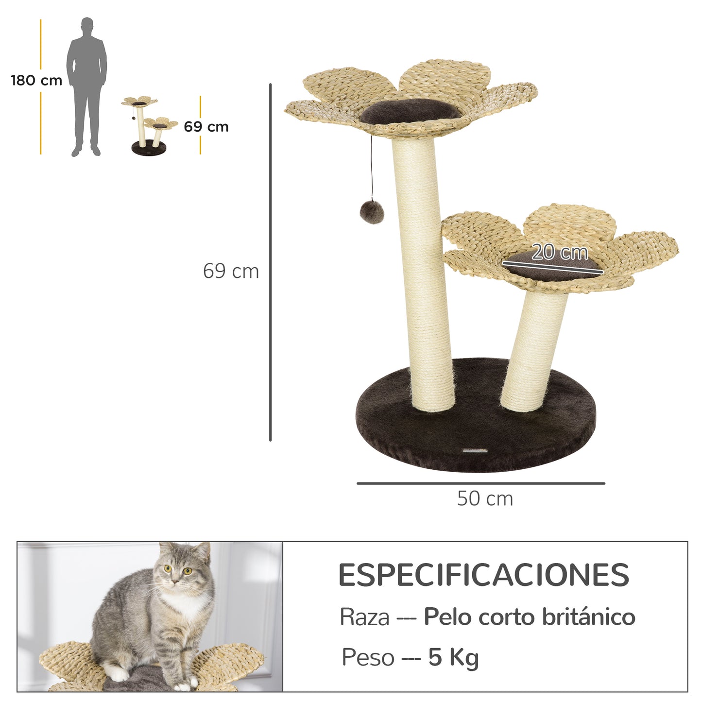 Pawhut Árbol Rascador Para Gatos Mediano 69 Cm Con Cama De Flores Poste De Sisal_2