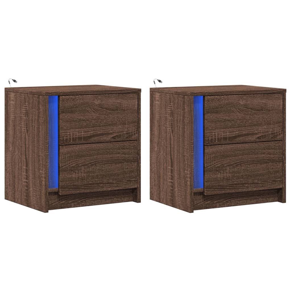 Mesitas De Noche Luces Led 2 Uds Madera Ingeniería Roble Marrón_1