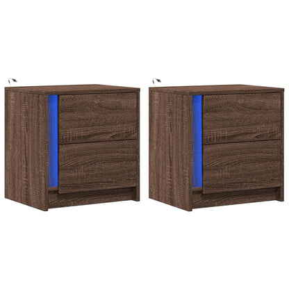 Mesitas De Noche Luces Led 2 Uds Madera Ingeniería Roble Marrón_1