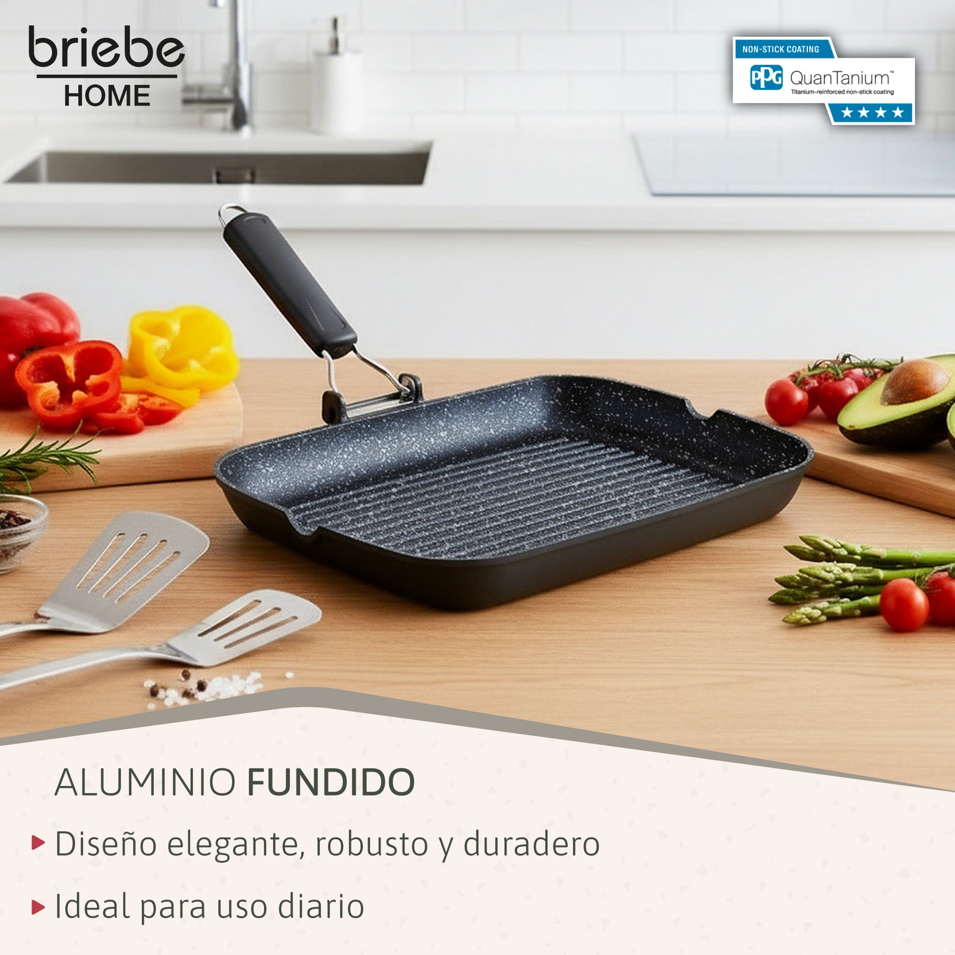 Briebe Grill Asador, Inducción, Antiadherente Titanio 34x24cm Aluminio Fundido Sin Pfoa Mango Plegable, Gp1160, Negro_2