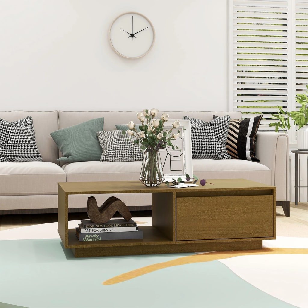 Mesa De Centro De Madera Maciza Pino Marrón Miel 110x50x33,5 Cm_1